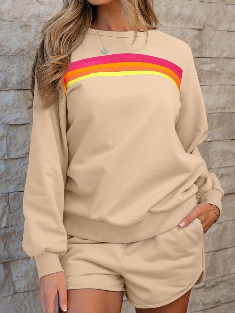 Beige Crewneck Sweatshirt short set with Pink, Orange and Yellow Stripe Detail